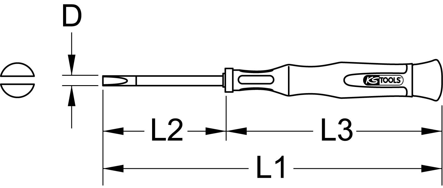 Schraubendreher-Diagramm zeigt Länge 'L1', 'L2', 'L3' und Durchmesser 'D'. Schraubkopftyp links dargestellt, Griff rechts.