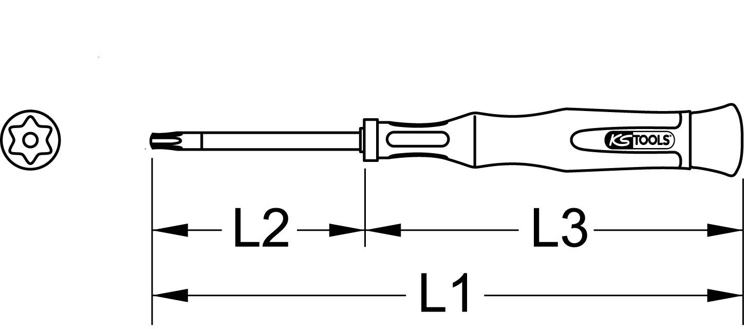 Torx-Schraubendreher mit Griff von KS Tools. Links eine Abbildung der Torx-Spitze, rechts der gesamte Schraubendreher mit Maßangaben.