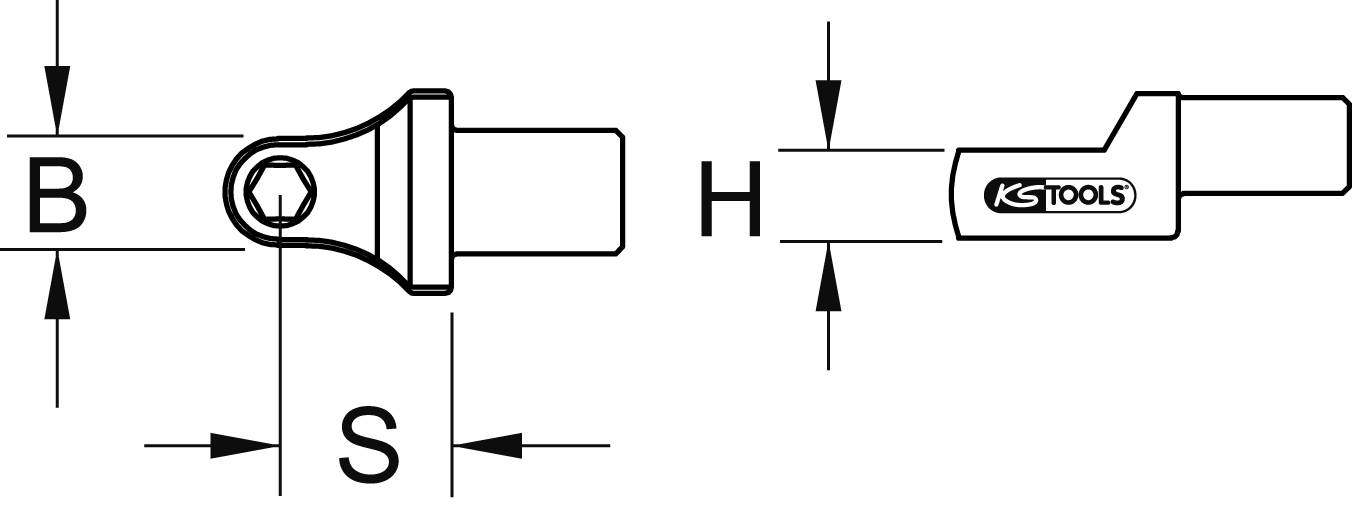 Technische Zeichnung eines Werkzeugadapters. Markierungen 'B', 'S', und 'H' zeigen Maße. 'KS TOOLS' auf einer Seite sichtbar.