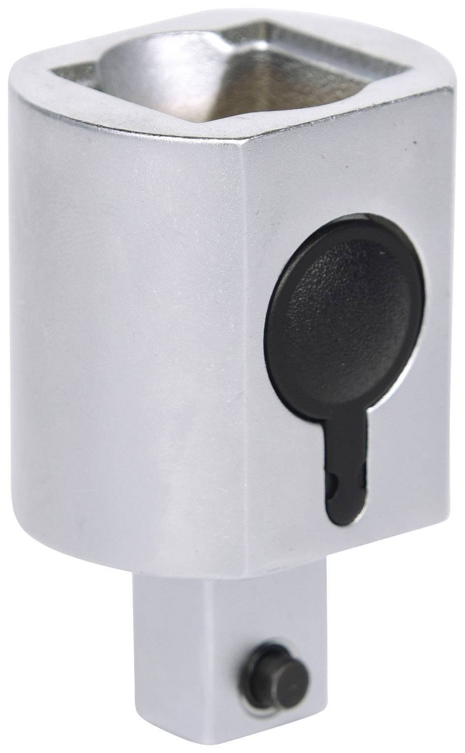 Metallischer Adapter, zylindrische Form mit rechteckiger Öffnung, geeignet für Steckverbindungen, besitzt einen schwarzen Knopf an der Seite.