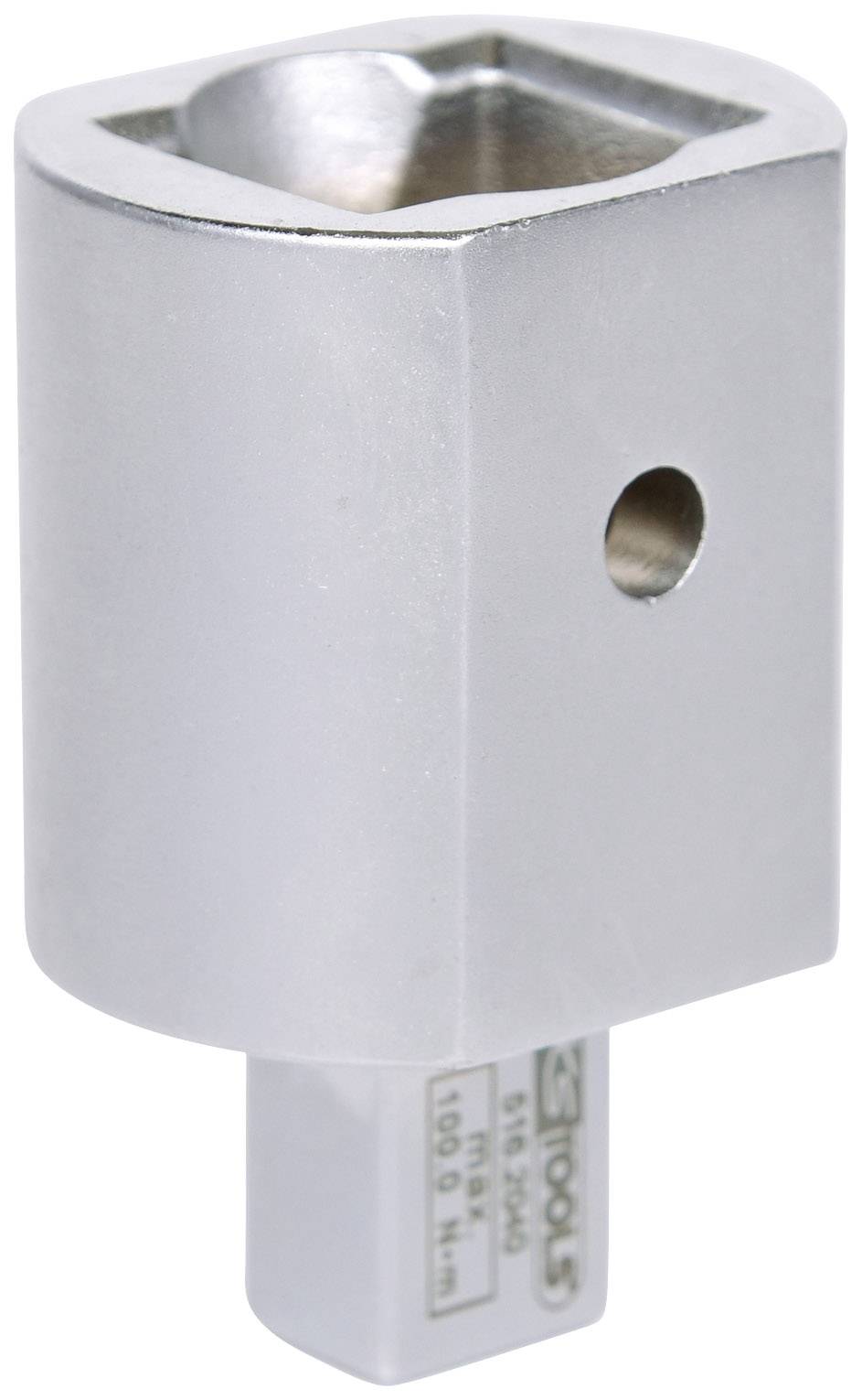 Silberner Adapter für Steckschlüssel, quadratischer Kopf oben, rechteckiger Schaft unten, seitliches Loch für Stift.