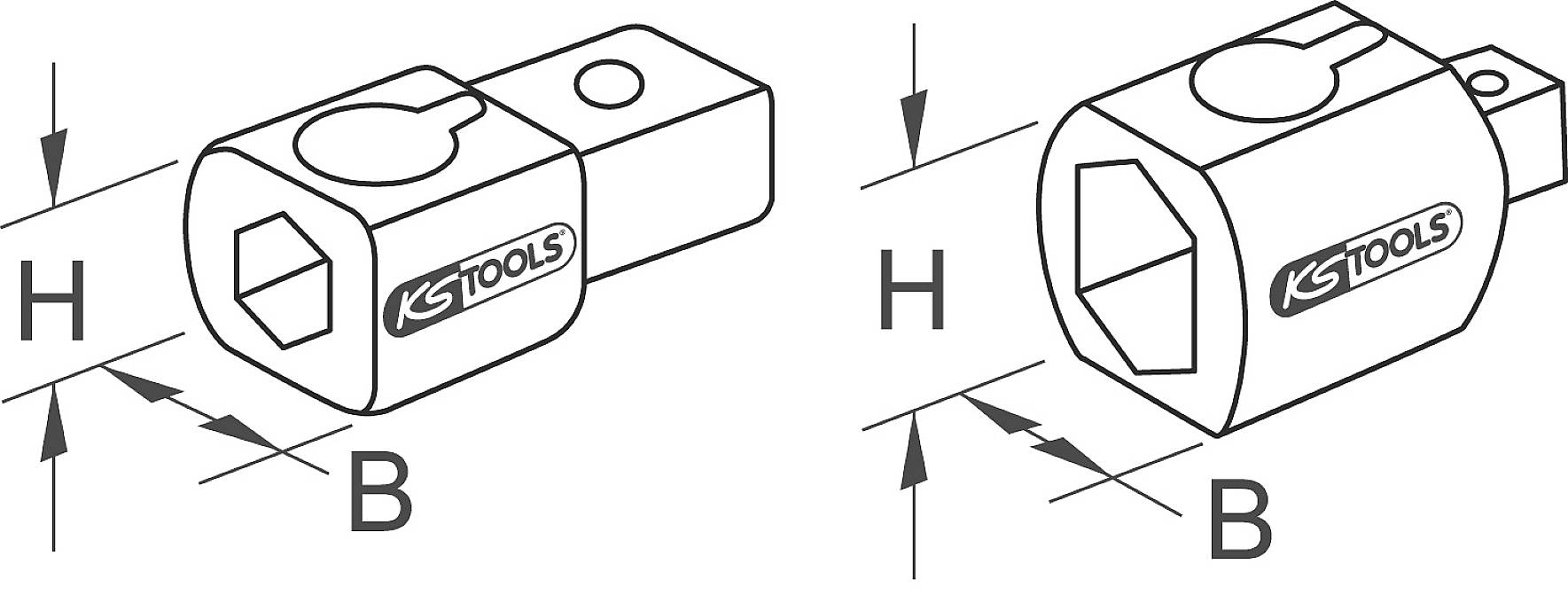 Ein Diagramm zeigt zwei Werkzeugadapter mit Maßangaben 'H' und 'B'. Beide Adapter sind ähnlich gezeichnet, aber mit unterschiedlichen Größen.