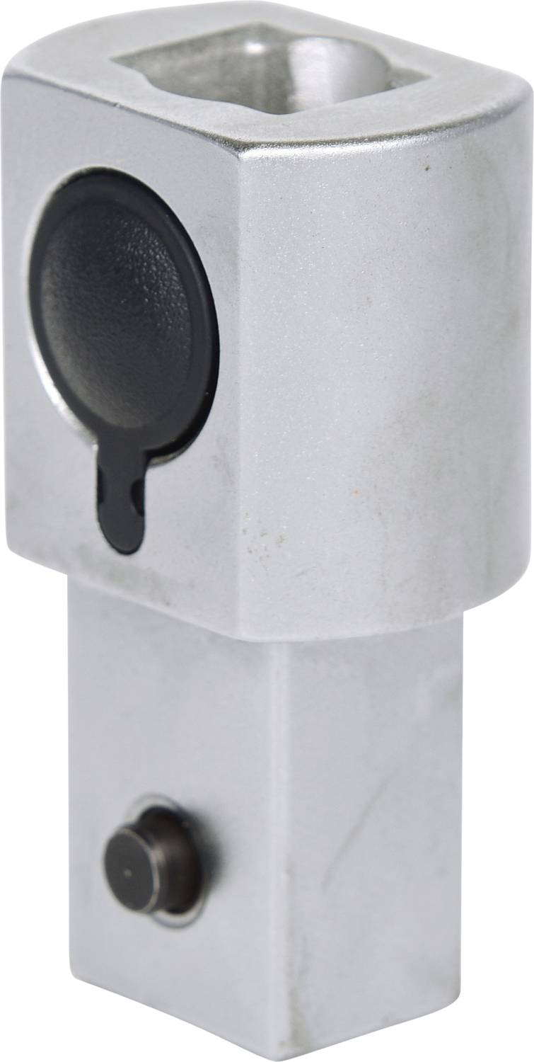 Ein silbernes Metallstück mit quadratischer Außenseite und rundem schwarzen Einsatz oben, möglicherweise ein Werkzeugadapter.