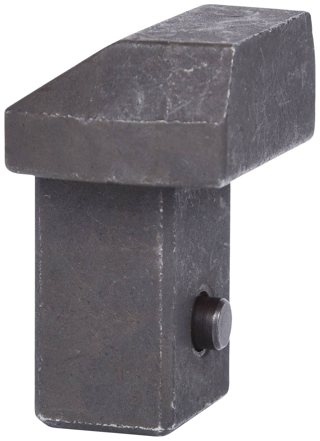 Ein Block aus schwarzgrauem Metall mit abgeschrägter Oberseite und rundem Bolzen an der Seite.