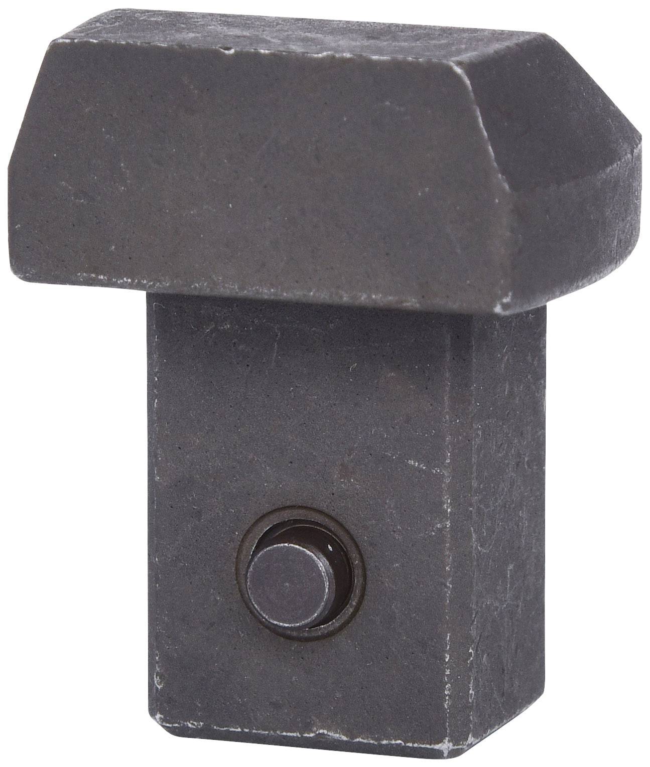 Metallischer T-förmiger Block mit einer kleinen runden Erhebung auf der Vorderseite, möglicherweise ein technisches Bauteil.