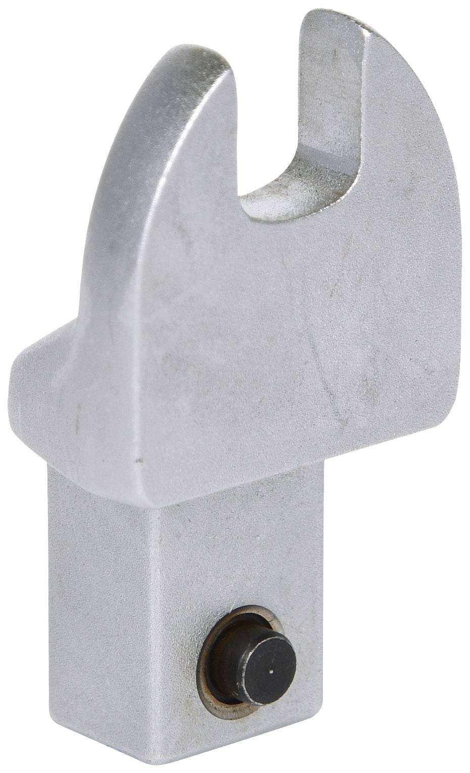 Metallisches Werkzeugteil in Hakenform mit rechteckigem Sockel und einer runden Schraube an der Vorderseite.
