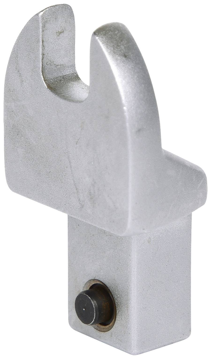 Metallisches Bauteil mit Hakenform und rundem Knopf an der Basis, möglicherweise ein Werkzeugaufsatz.