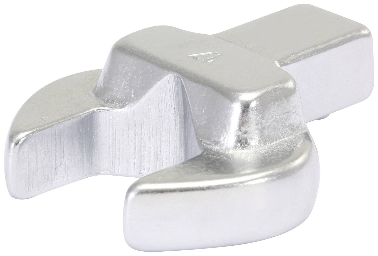 Ein silbernes Metallbauteil mit einem kurzen, rechteckigen Schaft und einer abgerundeten, gespaltenen Basis.