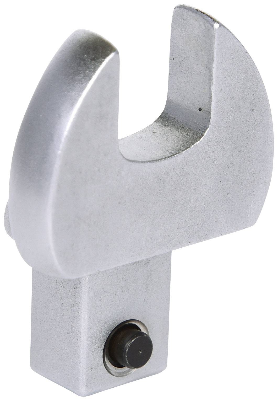Ein silbernes, halbmondförmiges Werkzeug aus Metall, verwendet zum Greifen und Drehen von sechseckigen Muttern oder Schrauben.