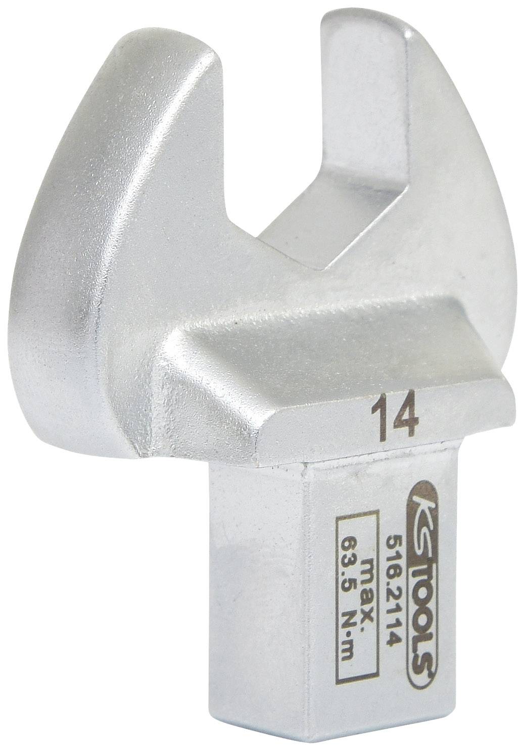 Silberner Maulschlüsselkopf mit der Aufschrift 'KG TOOLS 14'. Maximale Belastung 63,5 Nm. Gedacht für präzise Arbeiten.