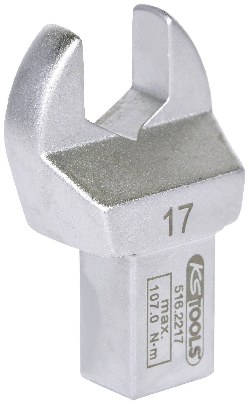 Ein silberner 17 mm Steckschlüsselaufsatz mit L-förmigem Kopf aus Metall, beschriftet mit 'max. 107,0 N·m'.