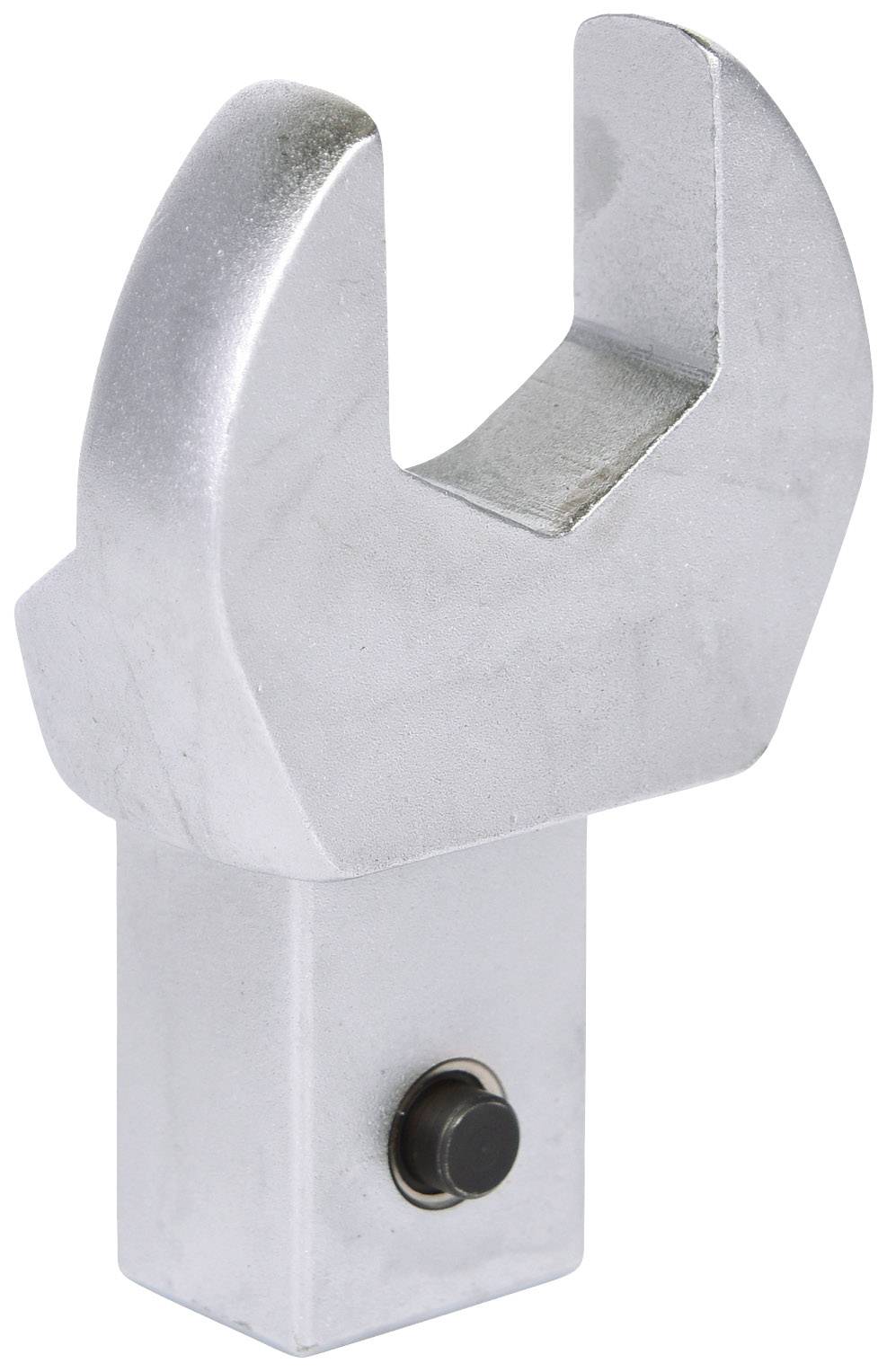 Metallteil in Form eines offenen Schlüssels, möglicherweise Teil einer größeren Maschine oder eines Werkzeugs.