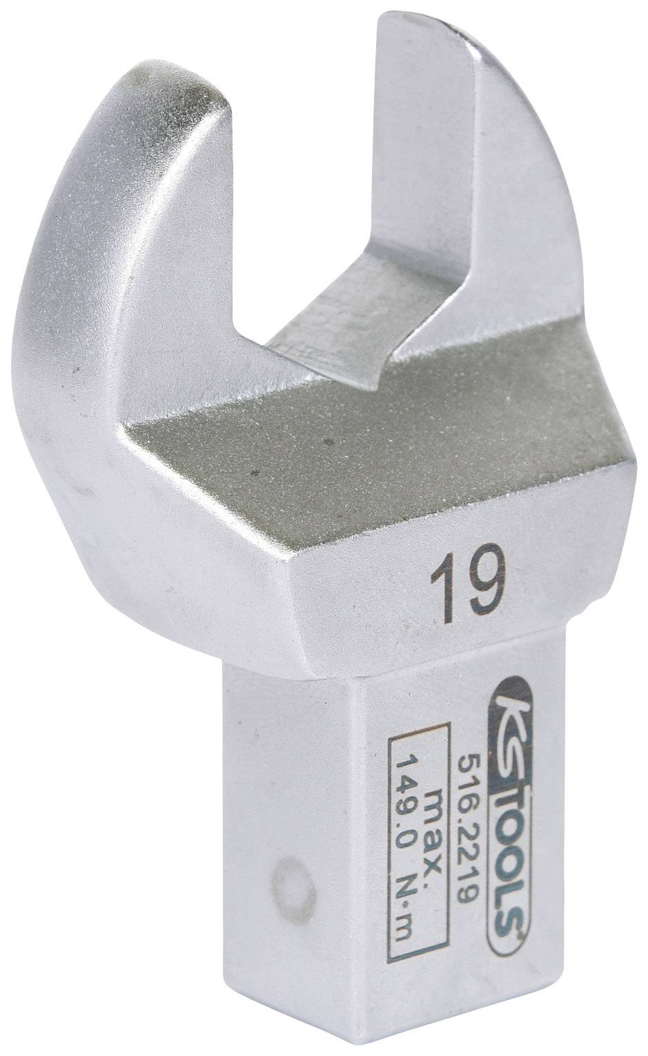 Offener Maulschlüsselkopf aus Metall mit der Aufschrift '19', Teil eines Werkzeugsystems, geeignet für unterschiedliche Schraubengrößen.