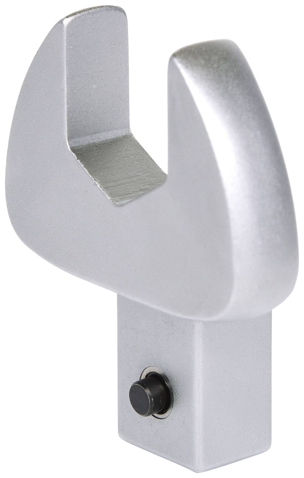 Schraubenschlüsselaufsatz aus Metall in C-Form, mit einem rechteckigen Sockel und einem kleinen schwarzen Knopf darunter.