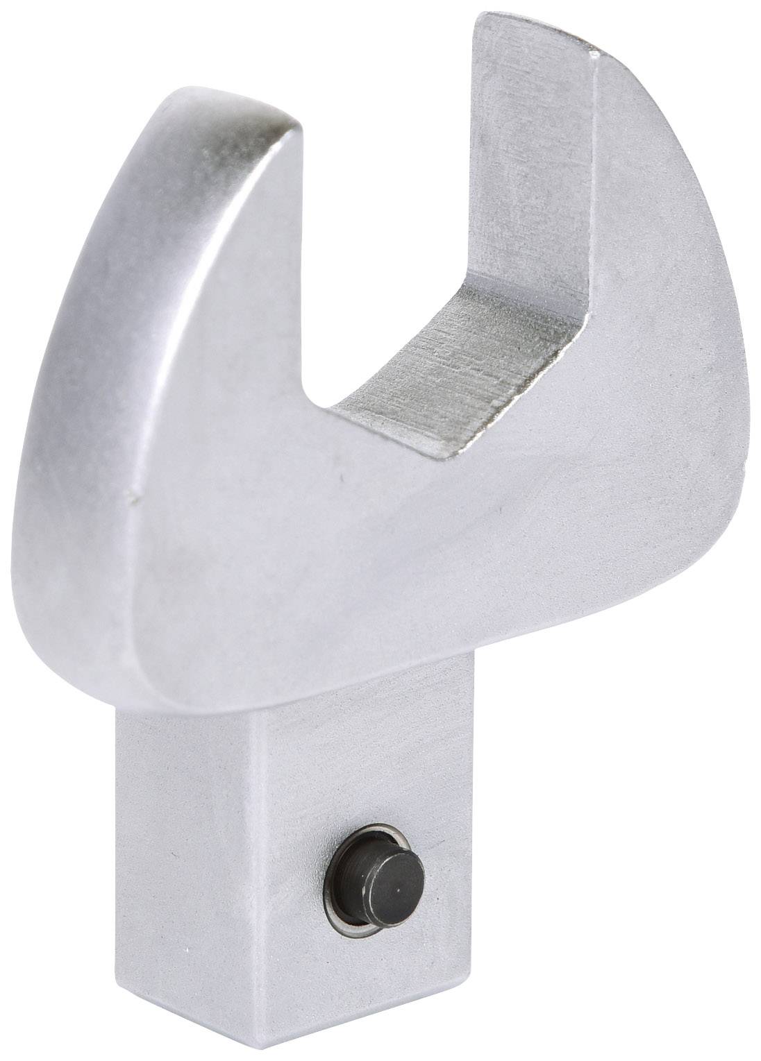 Ein silberner Schraubenschlüsselaufsatz aus Metall mit einer breiten, offenen Klaue, geeignet für größere Schrauben und Muttern.