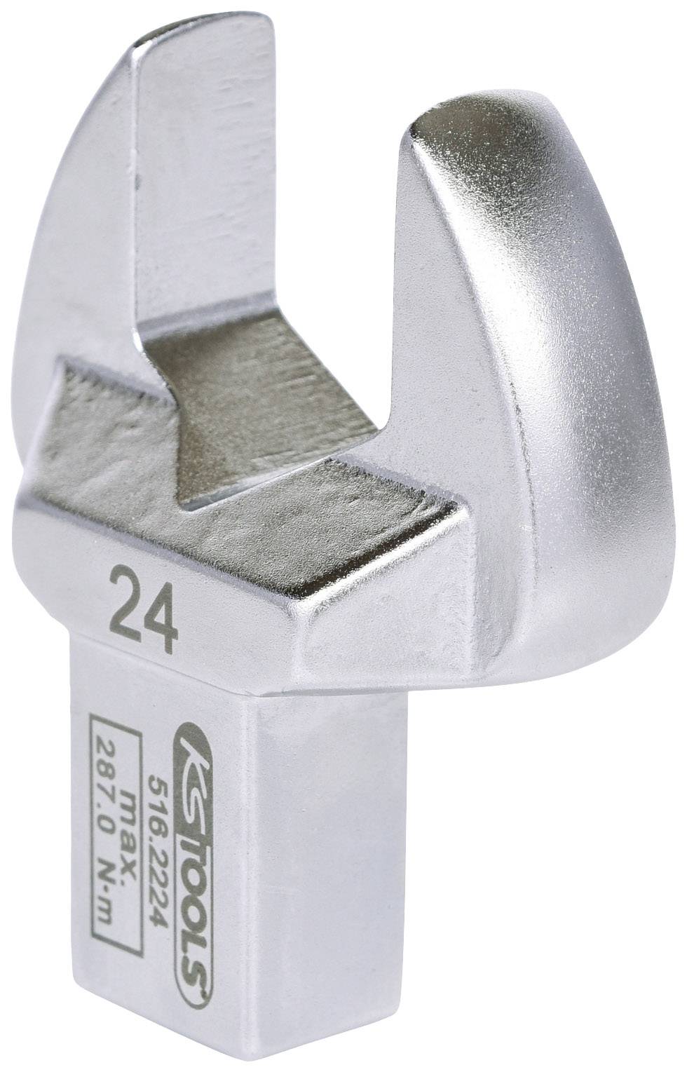Silberner offener Ringschlüsselaufsatz mit der Größe 24, Markenlogo und Nummern auf der Seite. Verwendet für mechanische Arbeiten.
