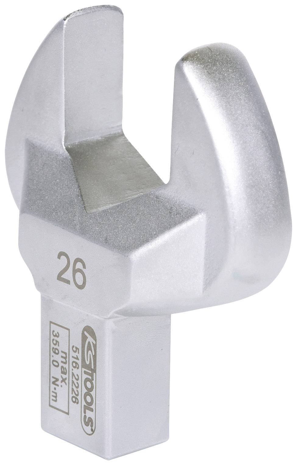 Silberner, offener Maulschlüsselaufsatz mit Aufschrift '26' und 'KS TOOLS'. Geeignet für Drehmomentschlüssel, robustes Design.