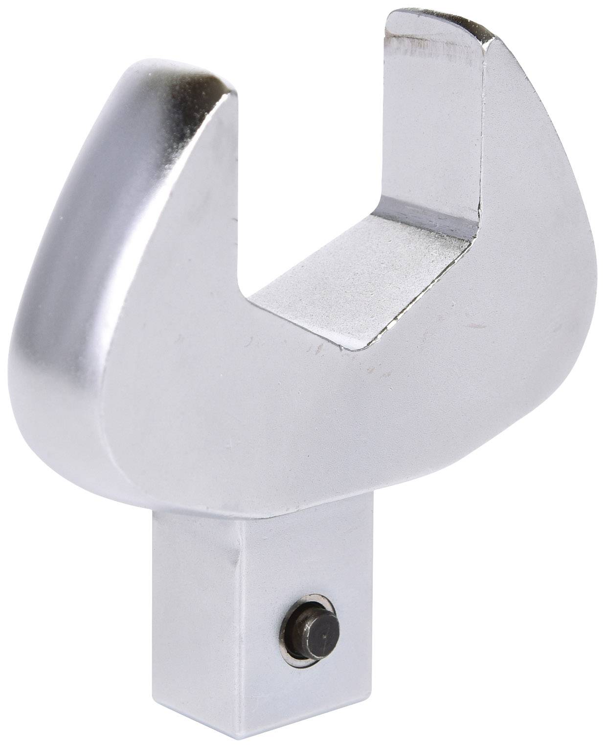 Halterung aus Metall in U-Form, silbern glänzend, mit einer quadratischen Basis und einer Schraube zur Befestigung.