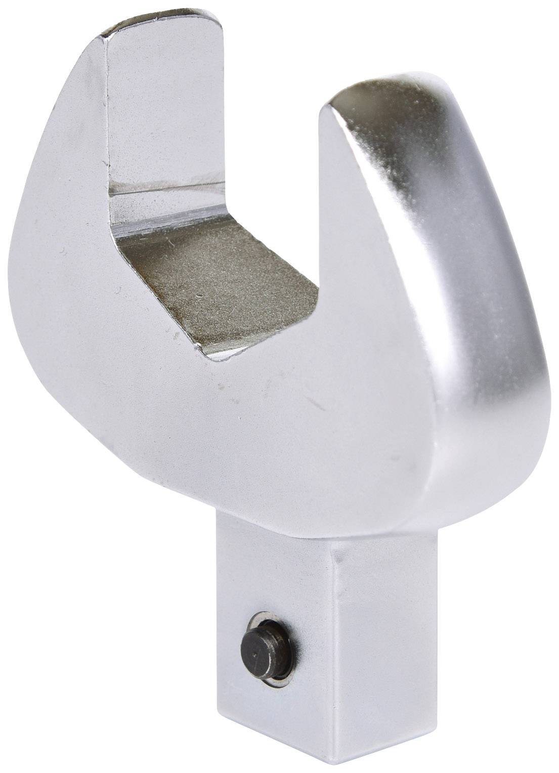 Metallischer Gabelkopf mit quadratischem Fuß und Schraubloch, zur Befestigung an weiteren Bauteilen.