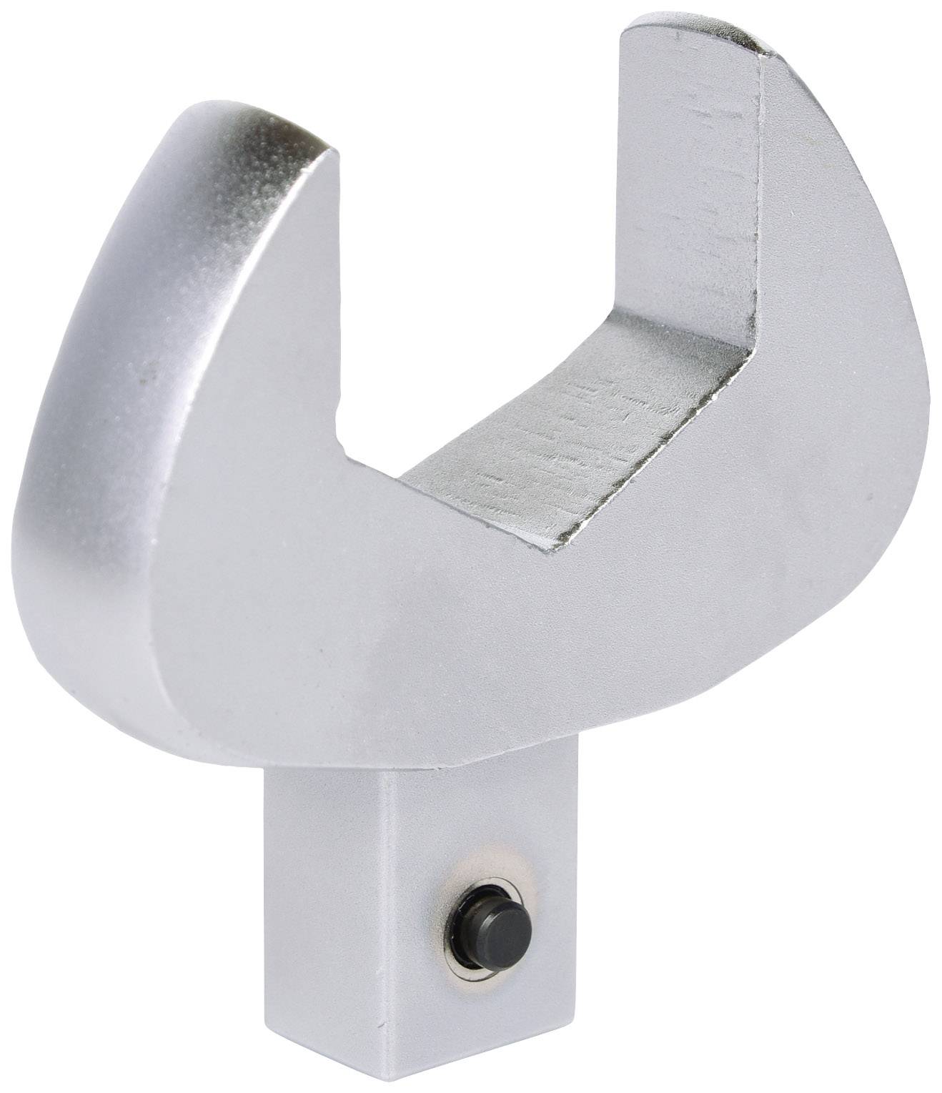 Ein silbernes Metallteil in U-Form mit einer quadratischen Basis und einem kleinen schwarzen Knopf an der Unterseite.