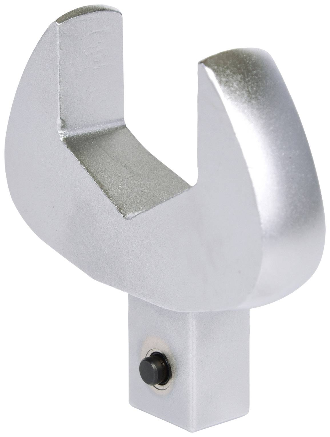 Metallischer Adapter mit U-förmiger Öffnung und Knopf an der Unterseite, geeignet für industrielle oder mechanische Anwendungen.