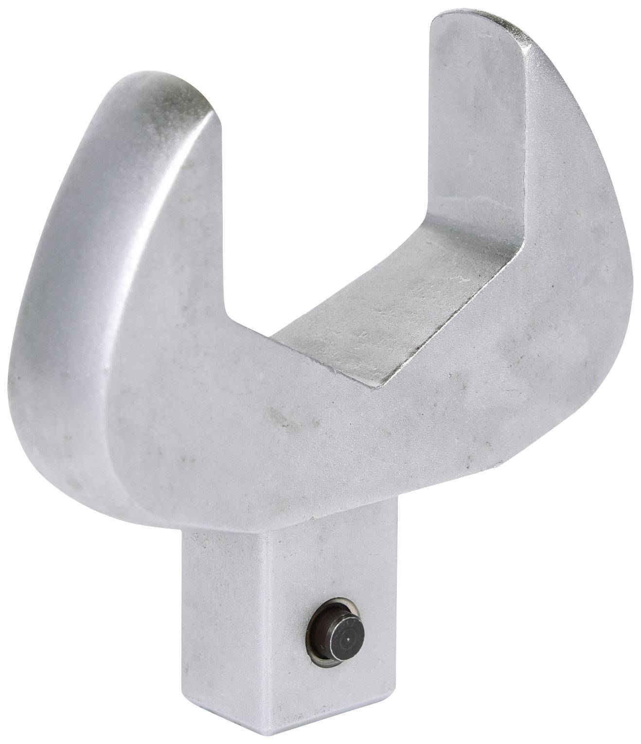Ein silberner Metallhaken mit breitem, abgerundetem U-förmigen Design, montiert auf einem quadratischen Sockel, vermutlich als Halterung.