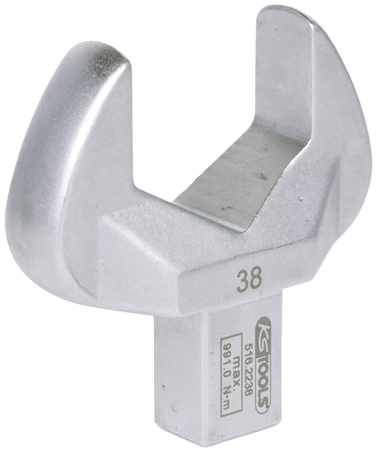 Ein verstellbarer Gabelschlüssel aus Metall, groß und silberfarben, mit eingeprägter Nummer '38' und einem Griff mit Herstellerlogo.