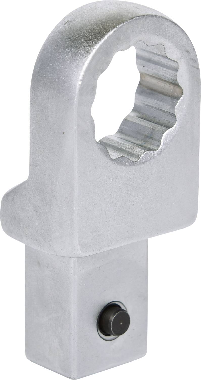 Ein metallisches Werkzeug mit einer gebogenen, gezackten Öffnung oben und einem rechteckigen Griff mit einem rundem Druckknopf unten.