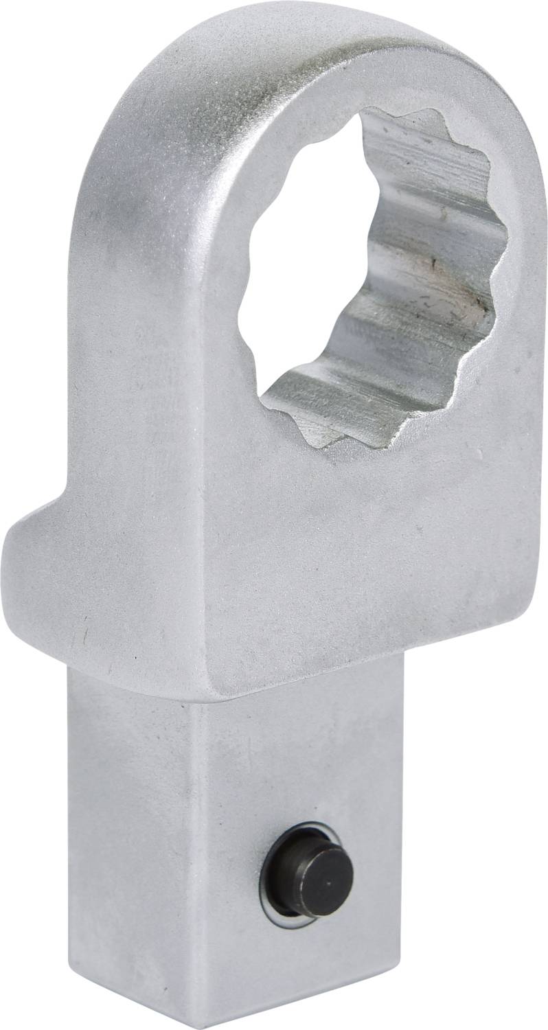 Metallisches, zahnradähnliches Werkzeug mit Griff, möglicherweise ein Schlüssel oder Adapter für spezielle Schrauben oder Muttern, aus gebürstetem Stahl.