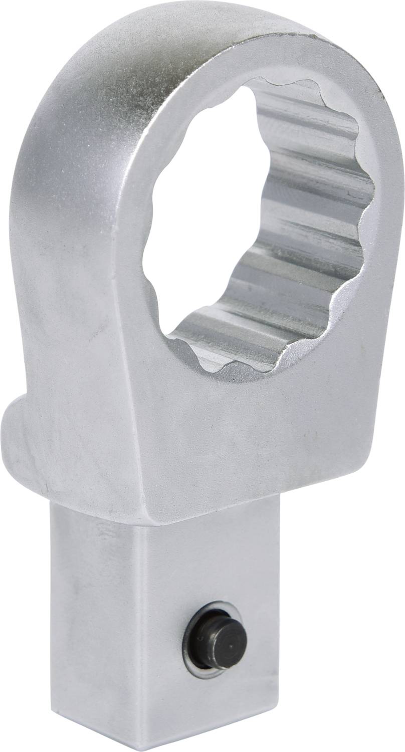 Metallischer Schraubenschlüsselaufsatz mit ovaler Öffnung und gezacktem Innenprofil, geeignet für präzises Greifen von Muttern.