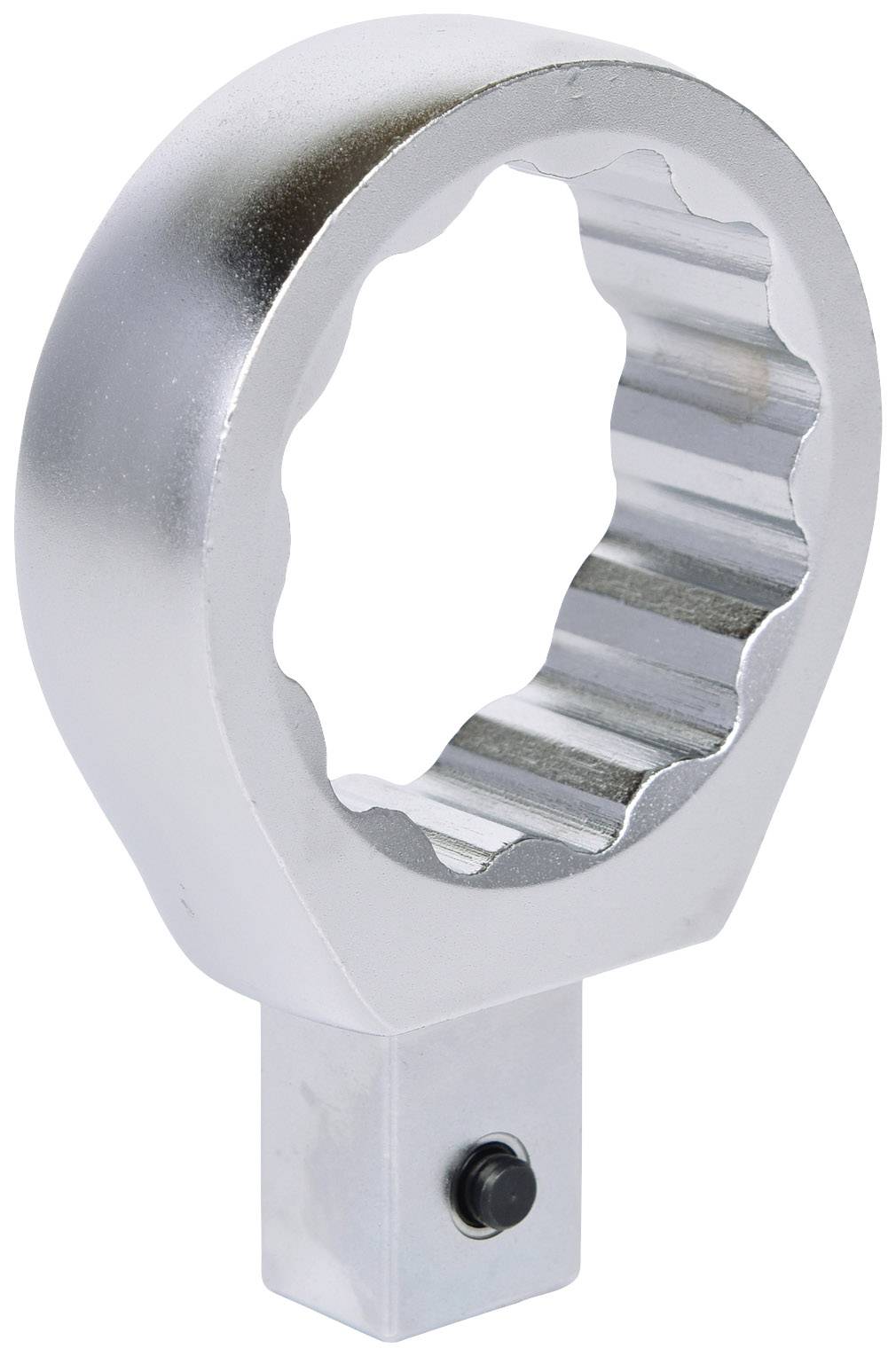 Silberner Sechskant-Ringschlüssel mit rundem Griff, speziell geformt für optimale Handhabung und Drehmomentübertragung.