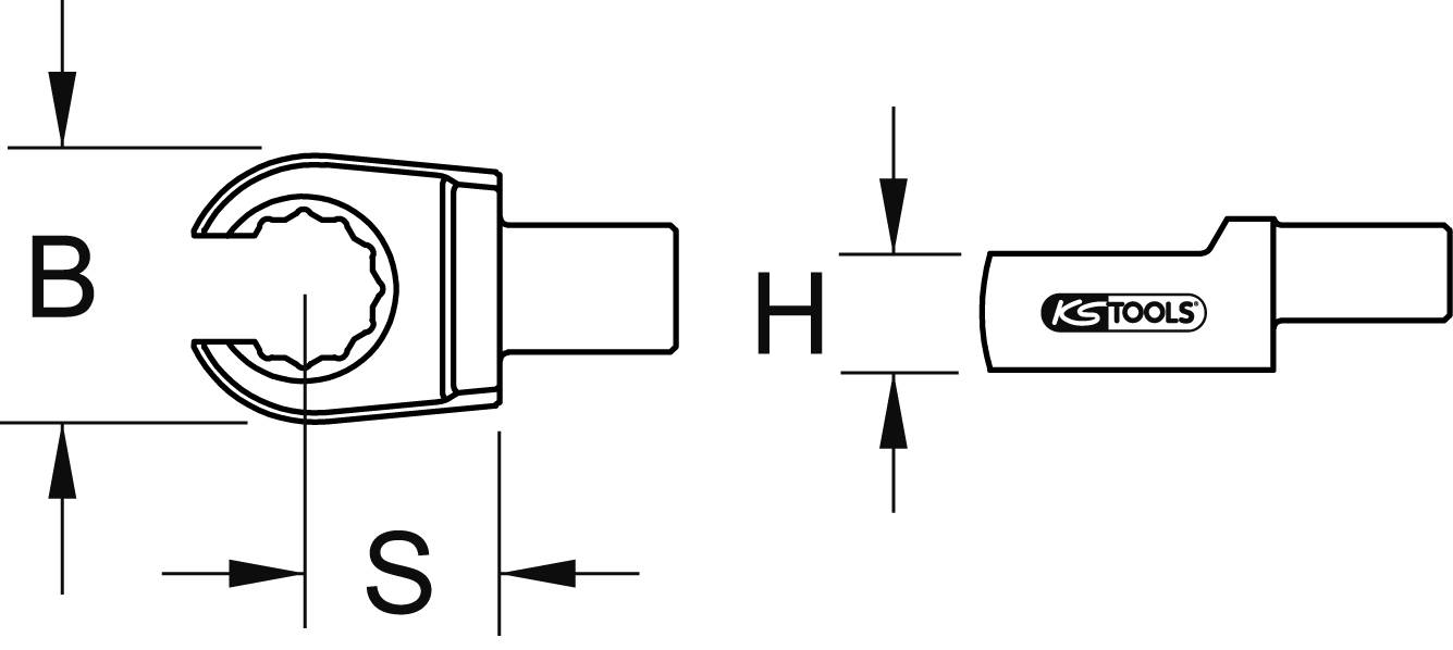 Technische Zeichnung eines Gabelschlüssels mit den Maßen B, H und S. Markierung mit 'KS Tools' an der Seite des Schlüssels.