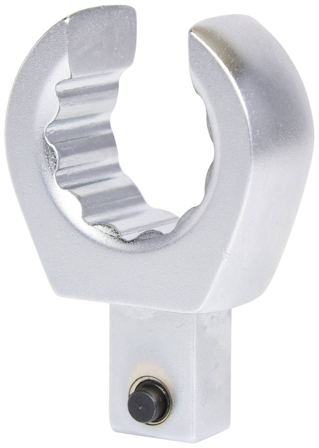 Metallisches Werkzeug, ähnlich einem offenen Ringschlüssel, mit geriffelten Kanten für besseren Griff, geeignet für spezielle Verschraubungen.