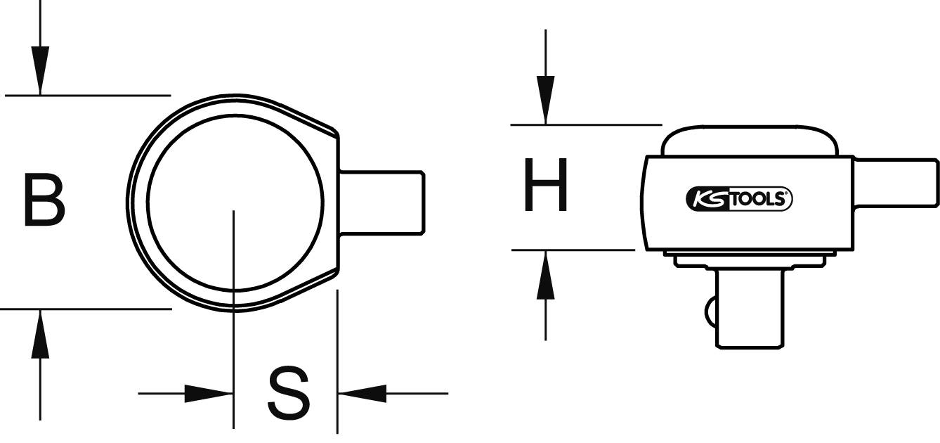 Zeichnung eines Steckschlüsseleinsatzes mit Maßangaben: B (Breite), S (Tiefe), H (Höhe). Seitlich das Logo 'KS TOOLS'.