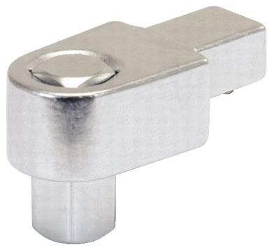 Ein silbernes Scharnier aus Metall mit zylindrischer und flacher Komponente, wahrscheinlich für Möbelschlösser oder Türen.