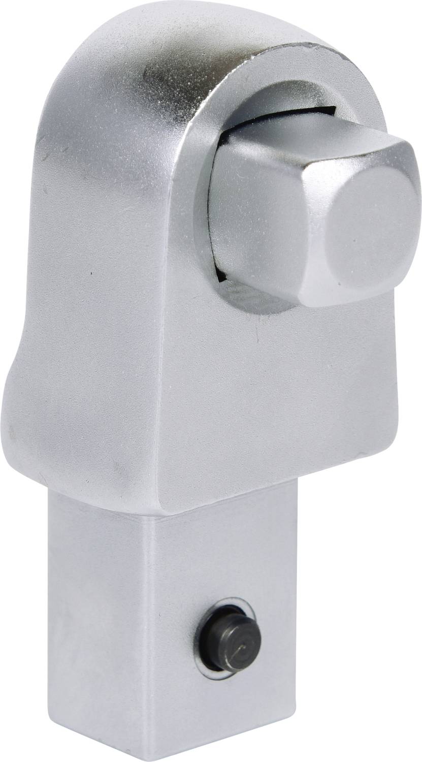 Ein silberfarbener Metallverschluss mit einem quadratischen Riegel oben und einem Knopf an der Seite, verwendet für Sicherheitszwecke.