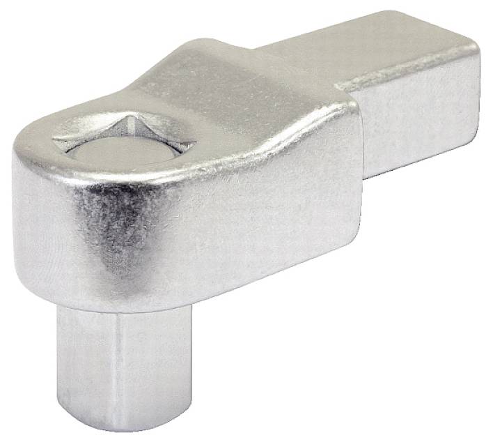 Ein silberner metallischer Adapter, der aus zwei zylindrischen Teilen besteht, einem kurzen und einem längeren, mit einem rechteckigen Kopf.