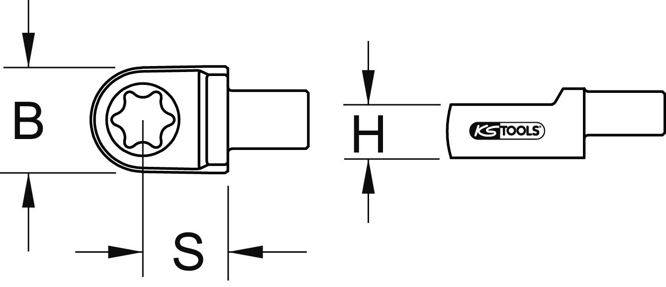 Technische Zeichnung eines Steckschlusseladapters mit den Abmessungen B, H und S, und dem Logo von KS Tools auf der Seite.