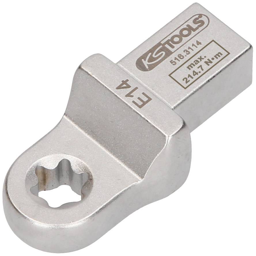 Werkzeugaufsatz in Form eines flachen Ringschlüssels mit einer Torxöffnung und quadratischem Anschluss, beschriftet mit 'E14'.