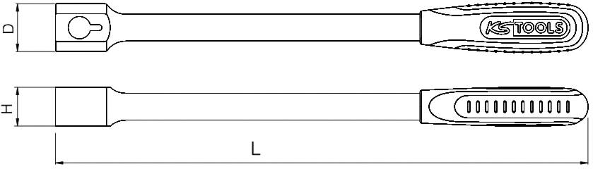 Diagramm eines Steckschlüssel-Verlängerungsgriffs mit Maßen D, H, L und einem Griff mit KS Tools-Logo.