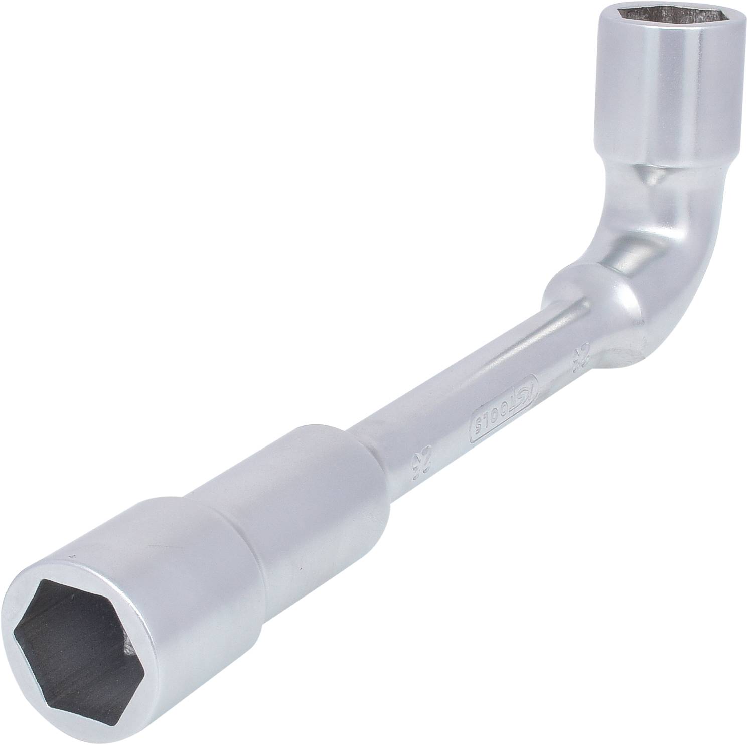 Ein silberner Winkelschlüssel mit zwei Sechskantöffnungen, verwendet zum Lösen oder Anziehen von Schrauben und Muttern.