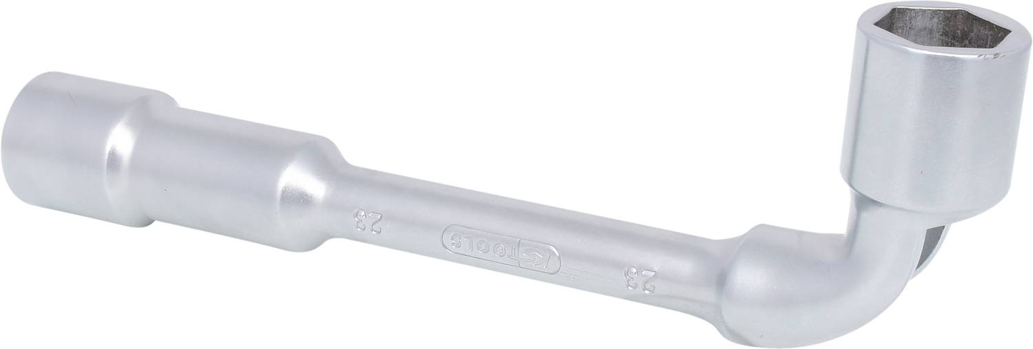 Ein silberfarbener Winkelschlüssel für Sechskantschrauben, mit einer Biegung, die eine L-Form bildet. Verwendet zum Lösen oder Anziehen von Muttern.