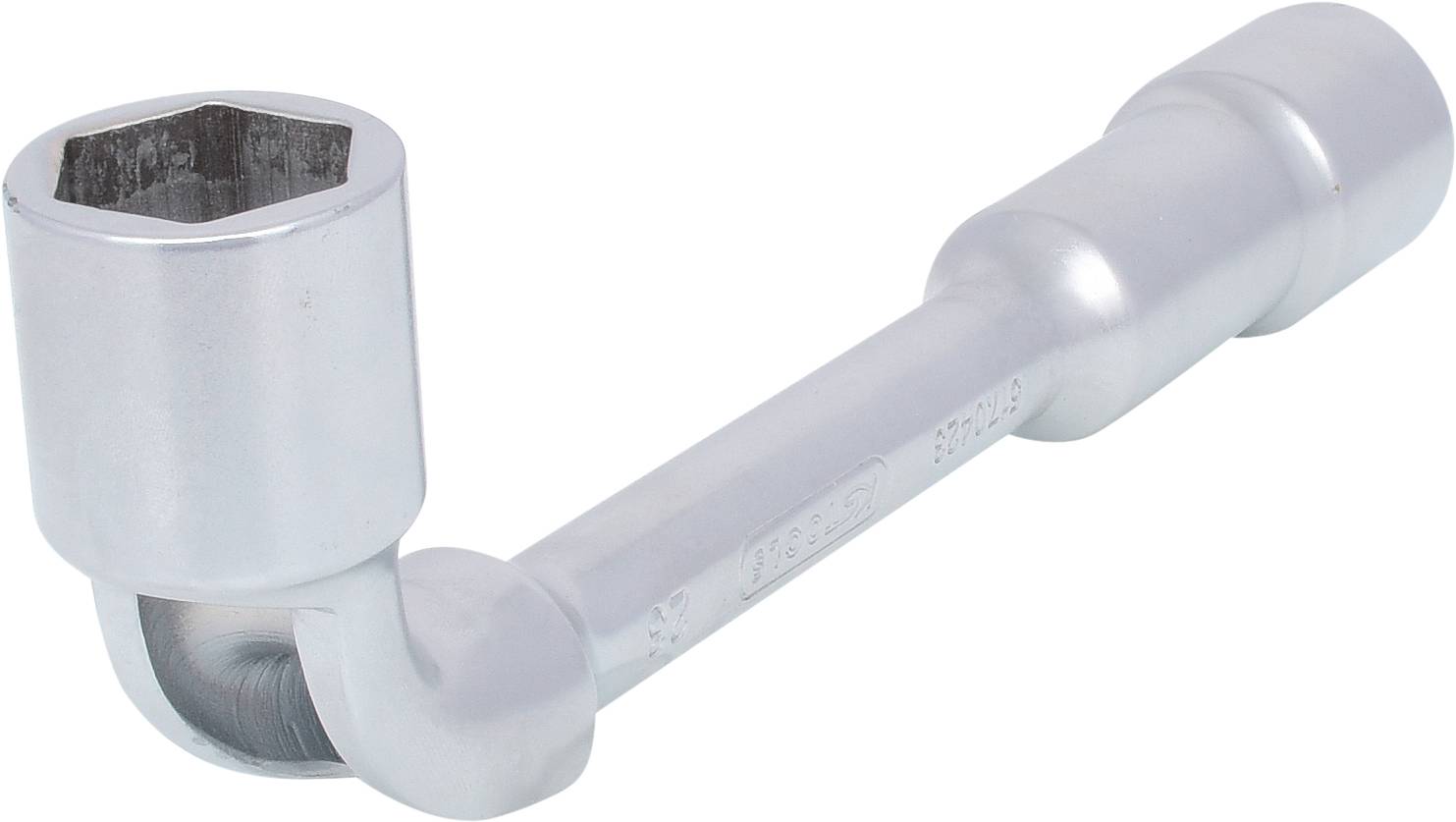 Ein silberner Winkelschlüssel mit sechseckiger Buchse, geeignet zum Festziehen oder Lösen von Schrauben und Muttern in schwer zugänglichen Bereichen.