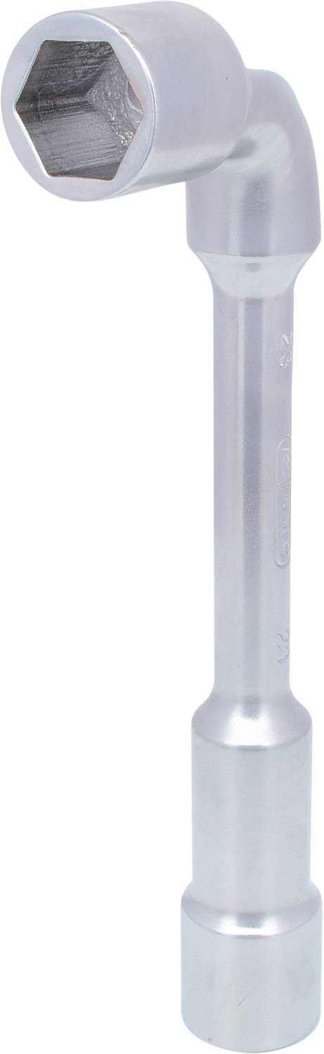 Metallschlüssel in L-Form, Sechskantkopf oben. Verwendet zum Schrauben von Muttern oder Bolzen. Silvernes Material, industriell.