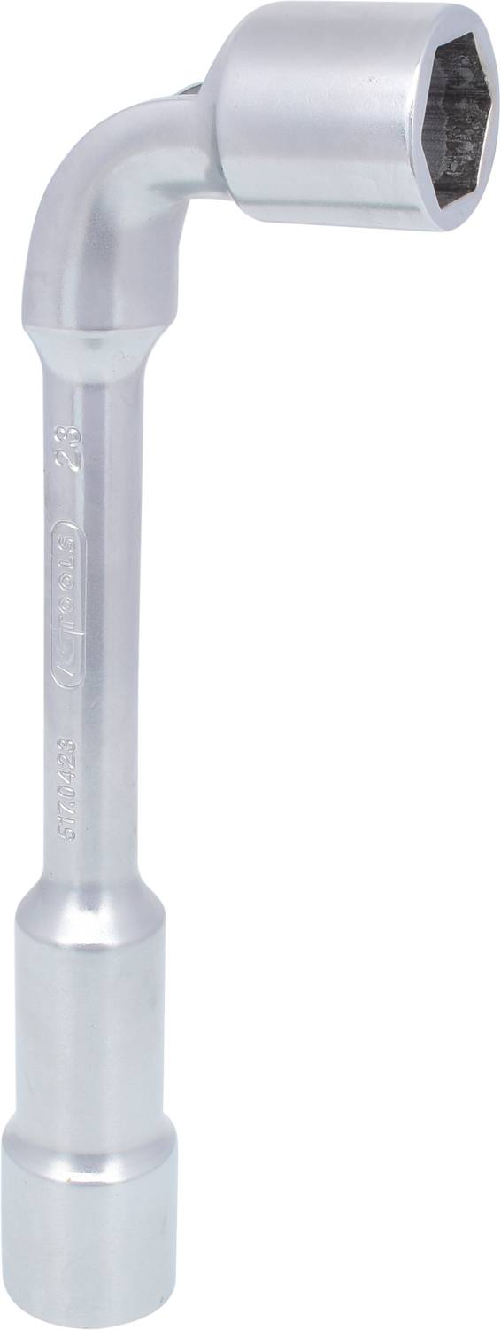 Ein silberfarbener Winkelschraubenschlüssel mit sechskantigem Kopf, verwendet zum Lösen und Anziehen von Schrauben und Muttern.