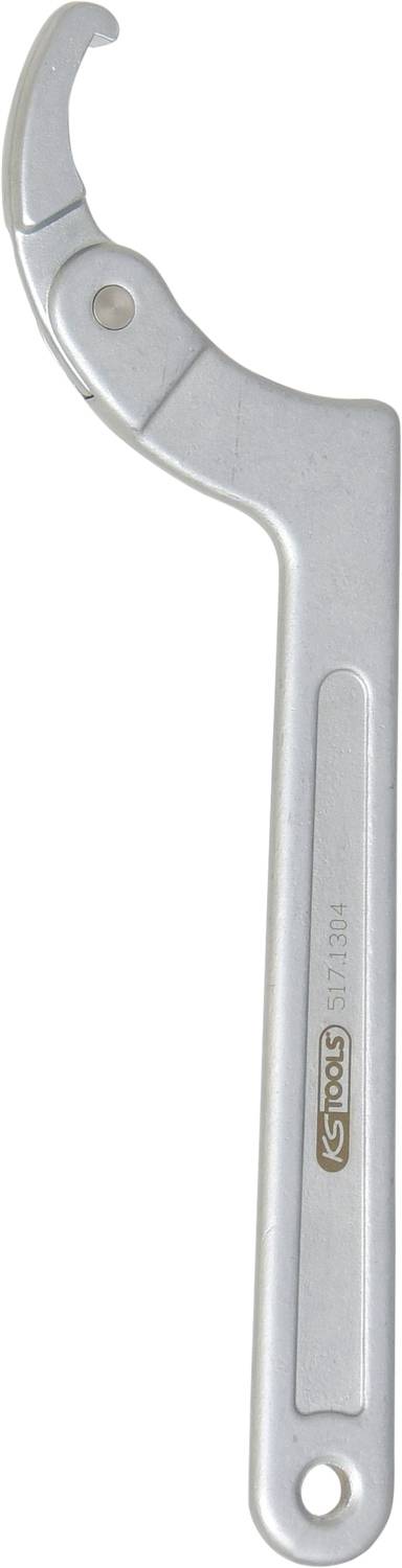 Ein silberfarbener Haken-/Hakenschlüssel aus Metall, verwendet zum Lösen oder Festziehen von Schrauben oder Muttern.