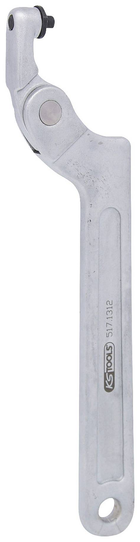 Ein verstellbares Hakenschlüssel-Werkzeug mit langem Metallgriff und drehbarer Kopfverbindung, geeignet zur Anwendung bei Maschinen.