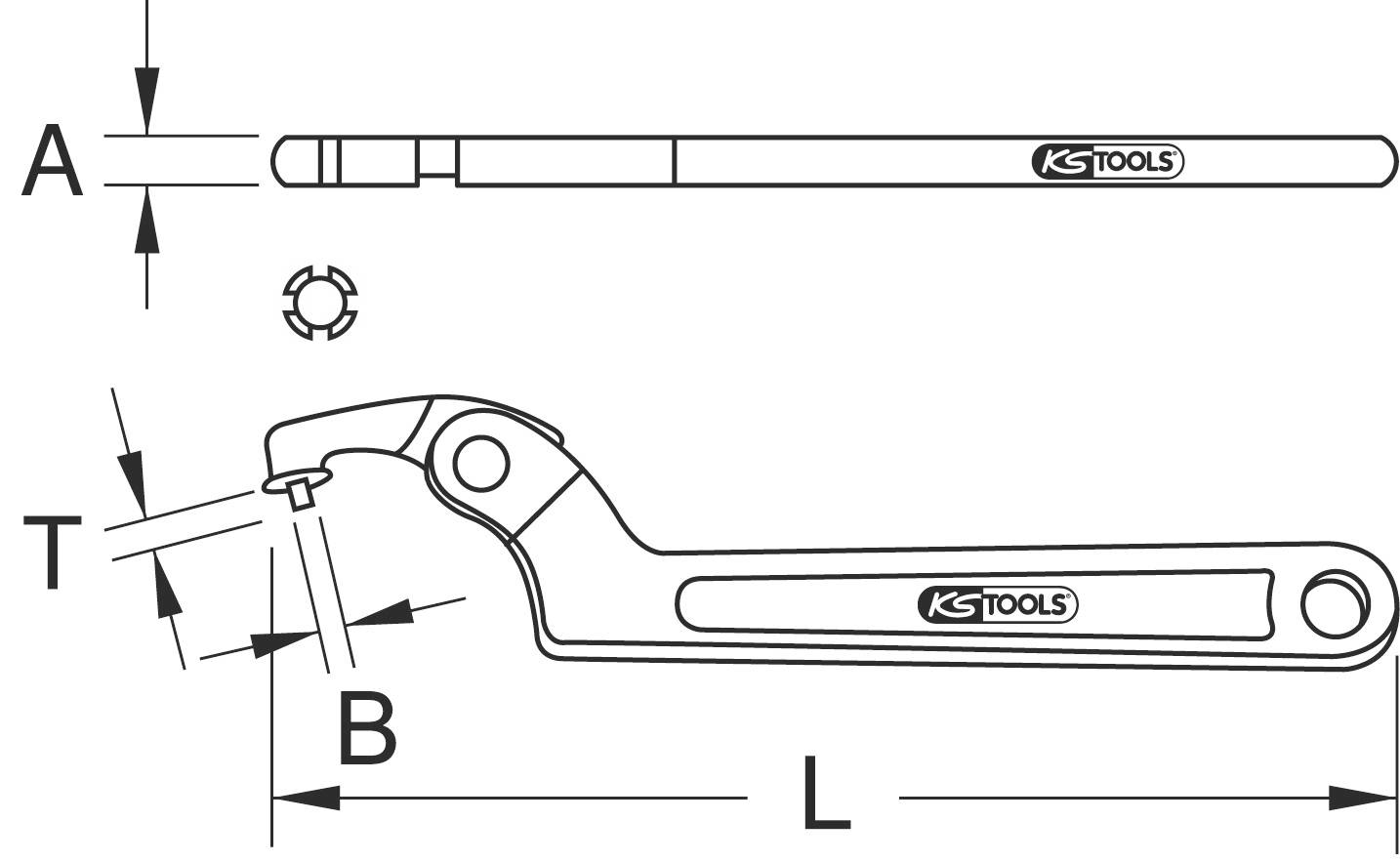 Technische Zeichnung eines Hakenschlüssels, seitliche und obere Ansicht. Markierungen für Längen A, B, L und Dicke T. Markenname 'KS TOOLS'.