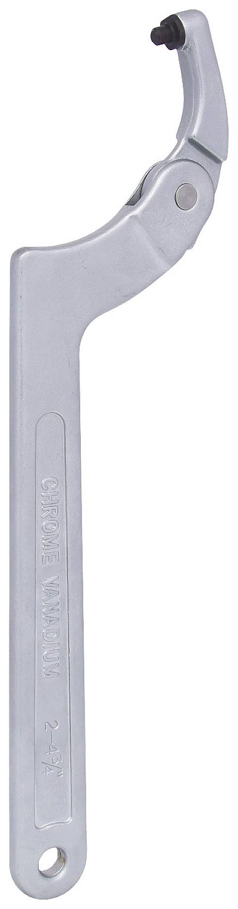 Ein silberner Hakenschlüssel mit verstellbarem Kopf, geeignet für runde Muttern.