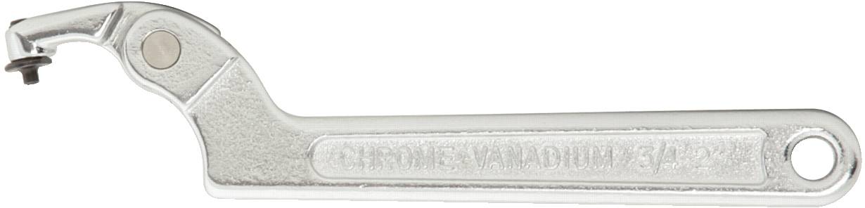 Ein silberner Hakenschlüssel mit einer Aufhängung zur Verwendung bei mechanischen Arbeiten. Geeignet für Schraubverbindungen.